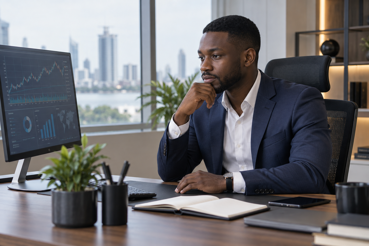Illustrative portrait of an African financial professional reviewing market analysis